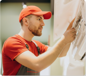 A side profile of a male HVAC technician wearing a bright red cap and red shirt as he carefully adjusts or installs the front panel of a white wall-mounted air conditioner unit.